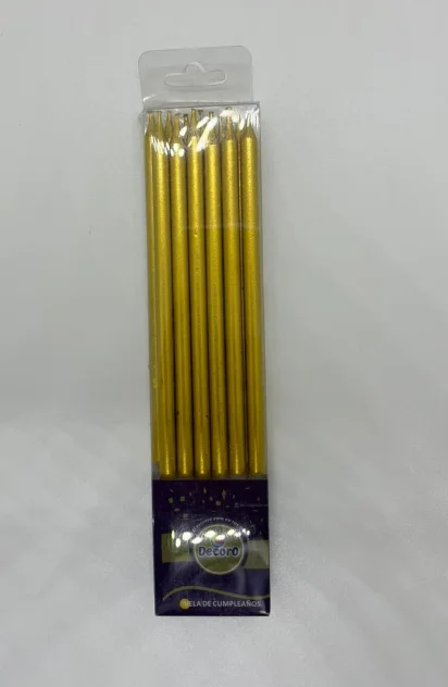 VELAS PALITO LARGA DELGADA  DECORO 15CM ALTO DORADO PLATEADO