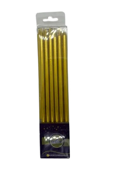 VELAS PALITO LARGA DELGADA  DECORO 15CM ALTO DORADO PLATEADO